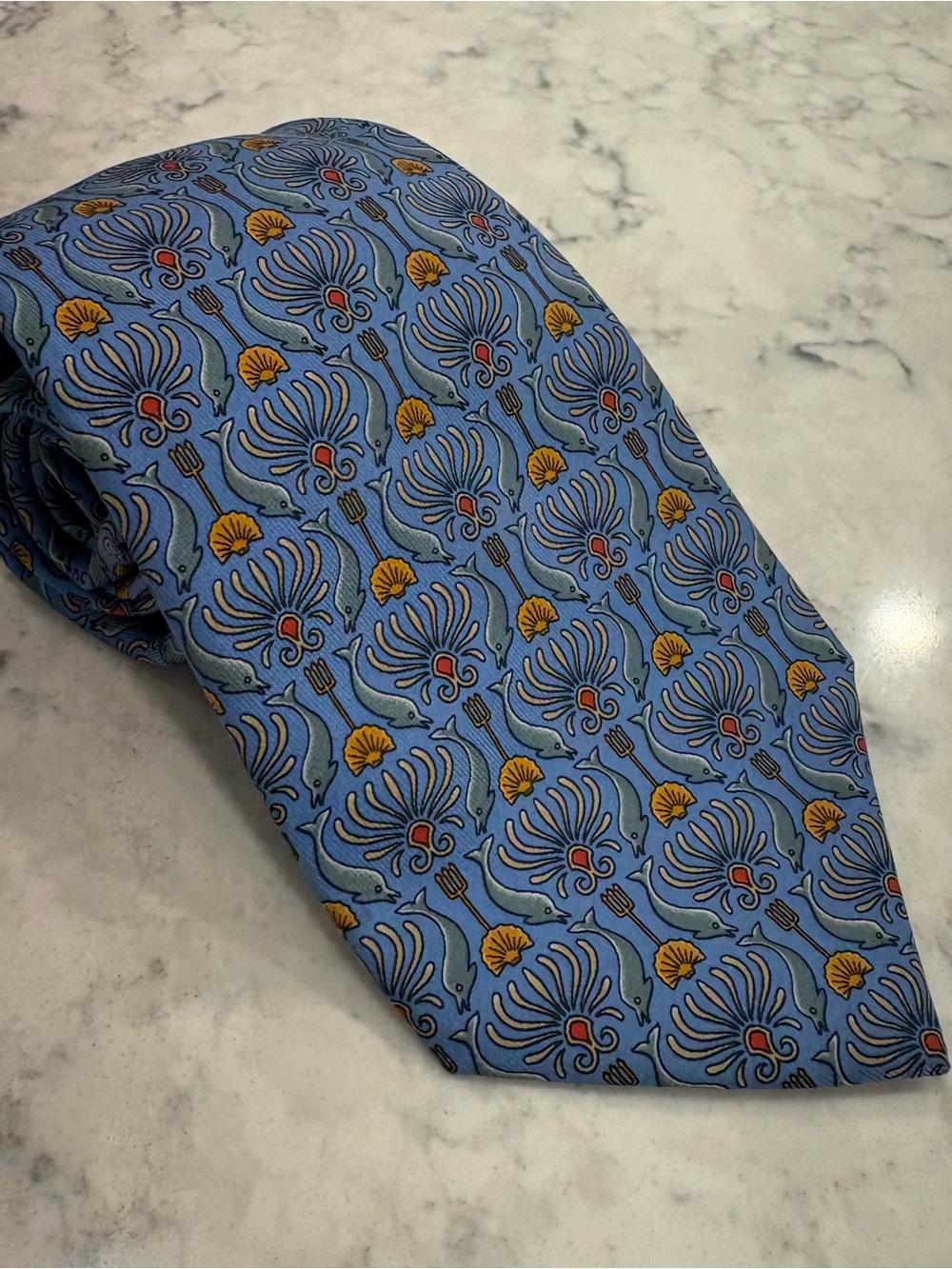 HERMÈS Silk Tie With Dolphin Print - Cerulean Blue Excellent Preowned Condition